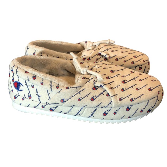 Champion Womens Size 10 University Script White Slippers Allover Logo Cushioned - Picture 1 of 11